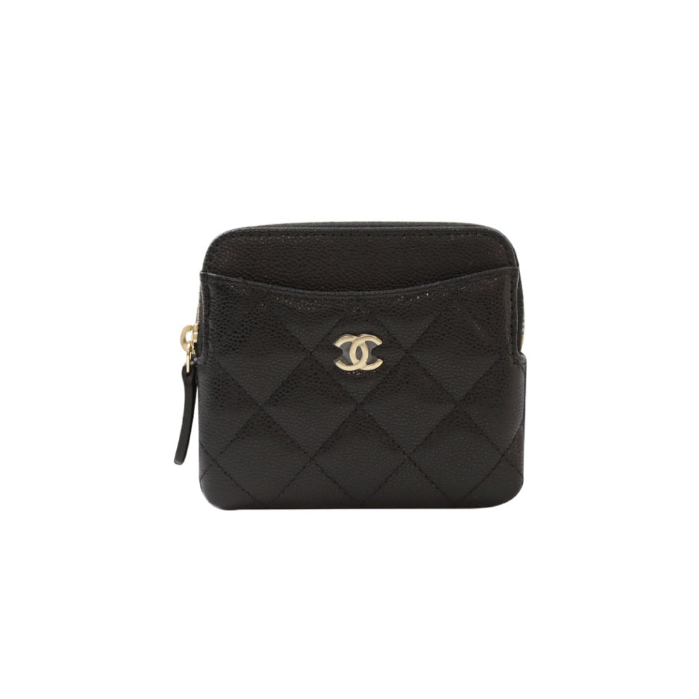 샤넬 클래식 지퍼 코인 카드 홀더 그레인드 샤이니 카프스킨 블랙 금장