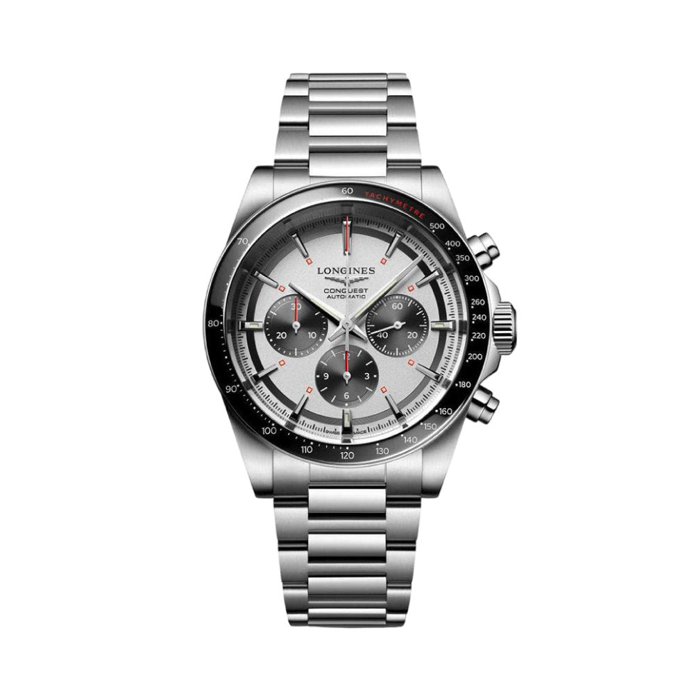 론진 콘퀘스트 크로노그래프 오토메틱 42 실버 다이얼 블랙 베젤