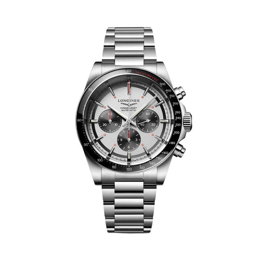 론진 콘퀘스트 크로노그래프 오토메틱 42 실버 다이얼 블랙 베젤