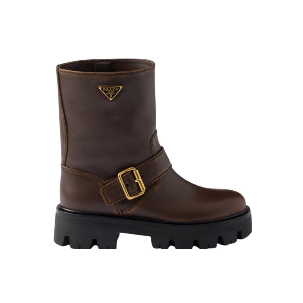 프라다 버클 스크랩 가죽부츠 브라운